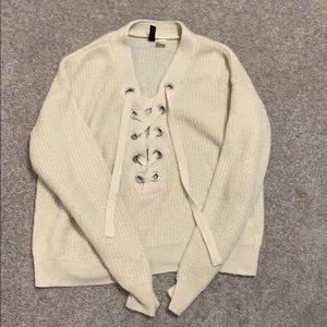 cream lace up sweater